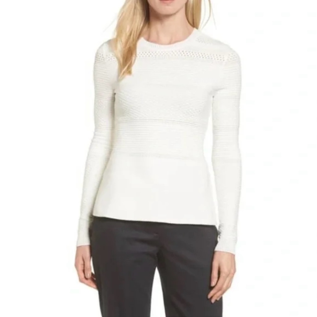 Hugo Boss White Knit Sweater Size Xs Structured Ribbed Crewneck